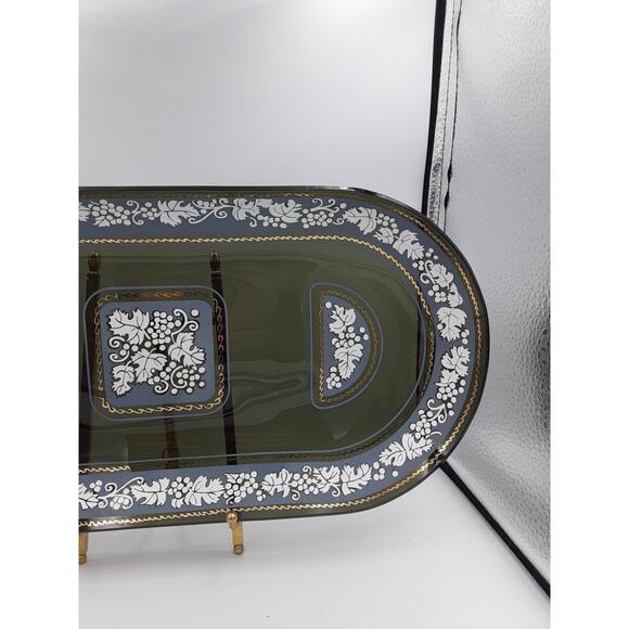 Smoky Glass Tray Plate With White & Gold Accent Console Dish Serving Platter - Picture 12 of 12